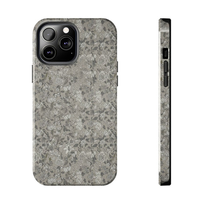 Gray Floral Tough Phone Case — Durable Protective Phone Cover with Vintage Botanical Pattern