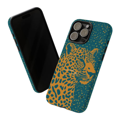 Leopard Print Tough Phone Case — Gold Panther on Teal, Protective iPhone Cover