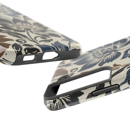 Floral Vintage Tough Phone Case — Blue & Brown Botanical Protection