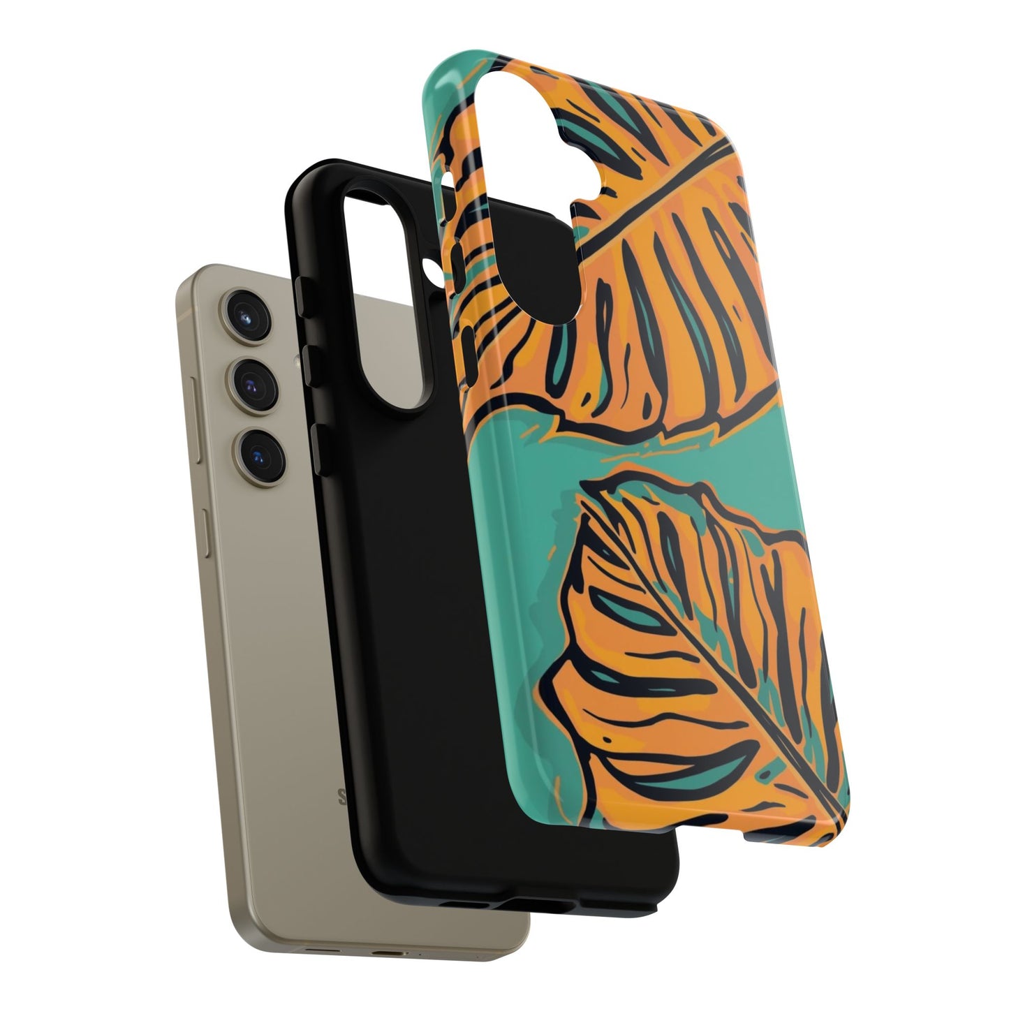 Tropical Leaf Tough Phone Case — Orange Monstera Design on Teal