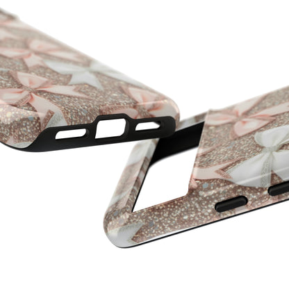 Glitter Bow Tough Phone Case — Pink & White Ribbon Protective Cover