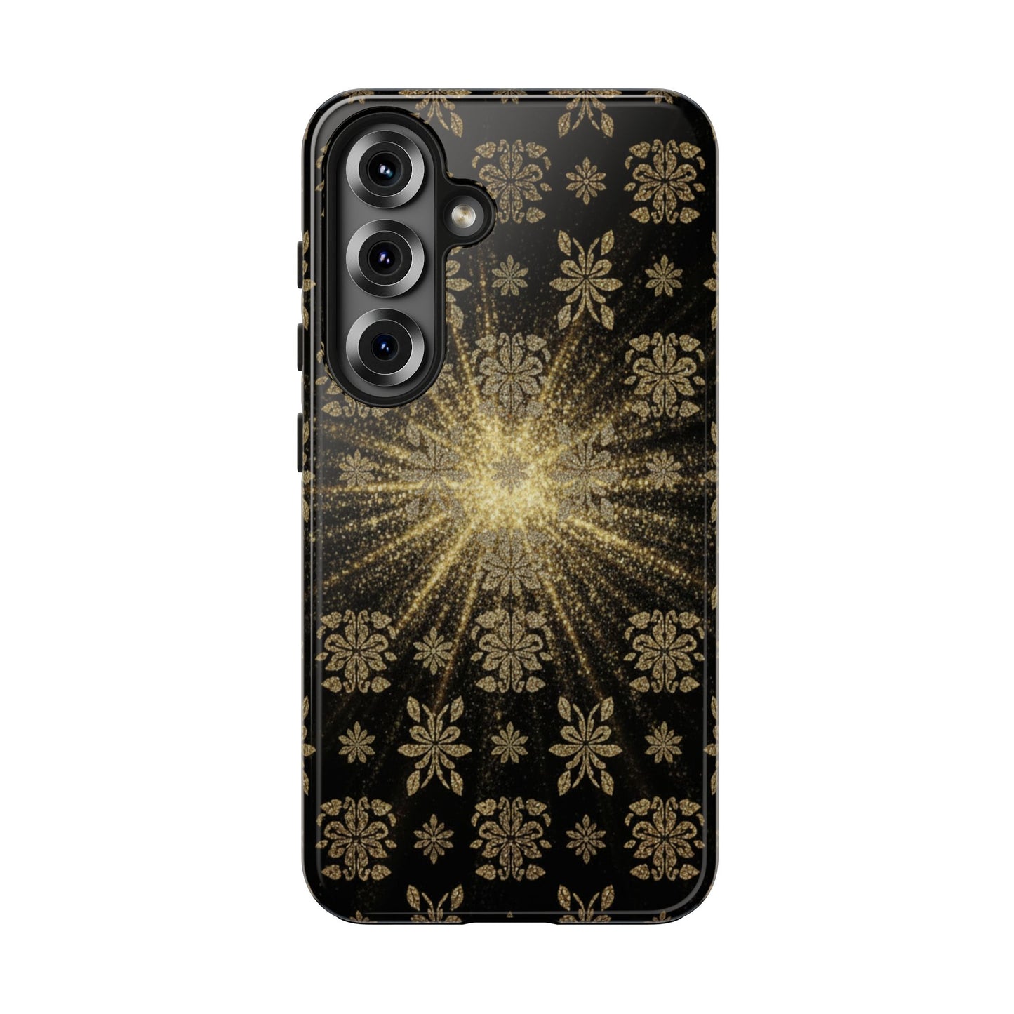Glitter Burst Tough Phone Case — Black & Gold Floral Protective Cover