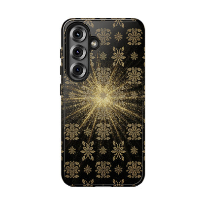Glitter Burst Tough Phone Case — Black & Gold Floral Protective Cover