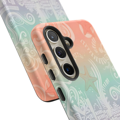 Tough Cases: Pastel Beach Pattern Phone Case — Starfish & Coastal Cityscape Protective Cover
