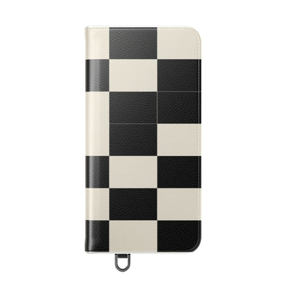 Checkered Flip Phone Case – Black & Cream Retro Grid Wallet Case