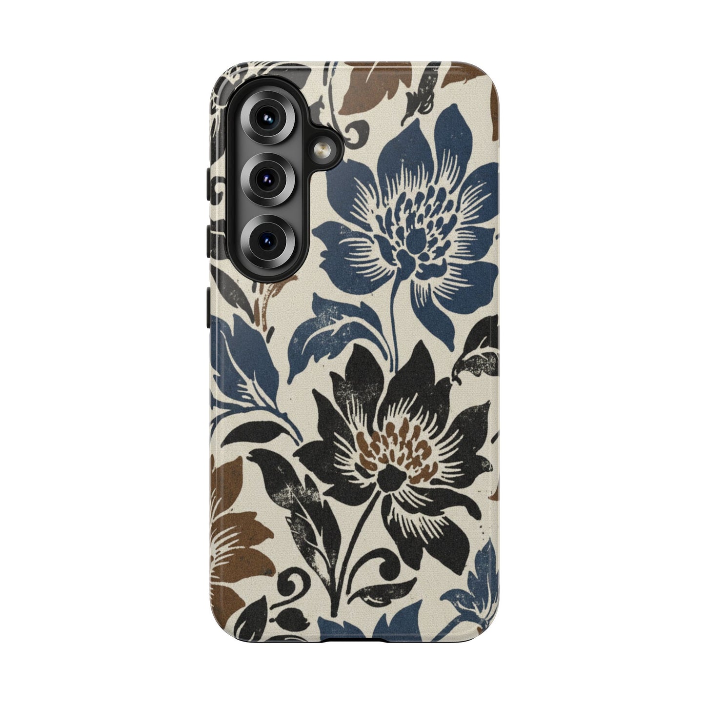 Floral Vintage Tough Phone Case — Blue & Brown Botanical Protection