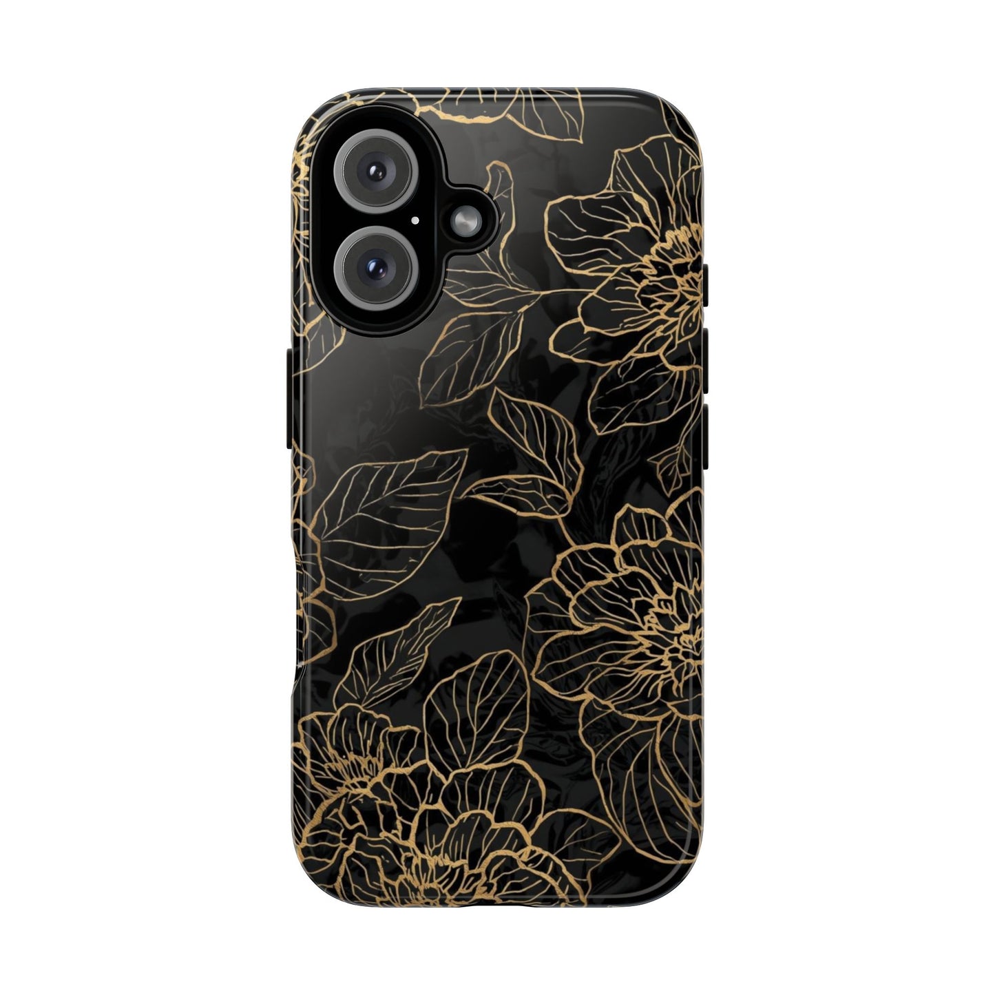 Floral Gold Outline Tough Phone Case – Black Botanical Protective Cover