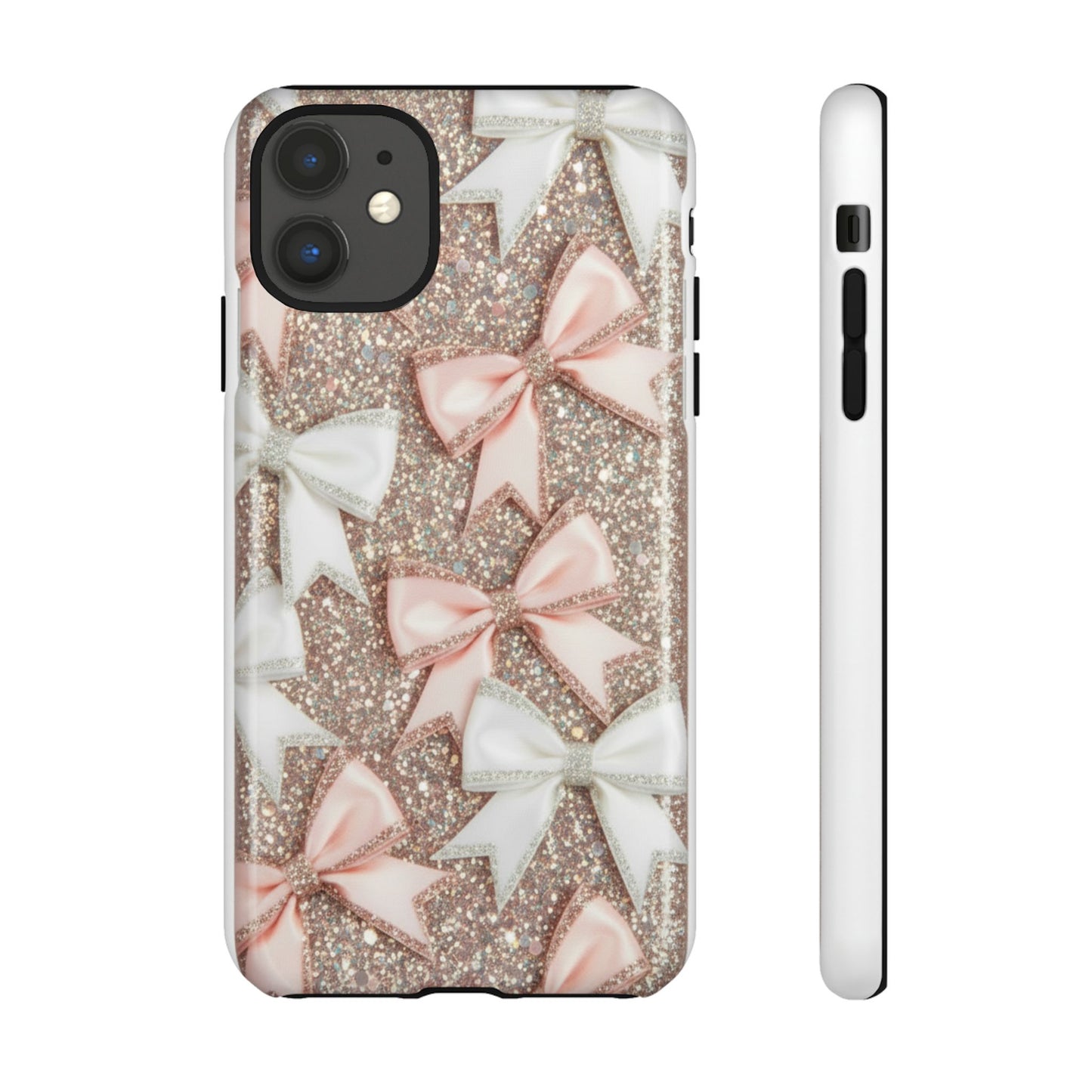 Glitter Bow Tough Phone Case — Pink & White Ribbon Protective Cover