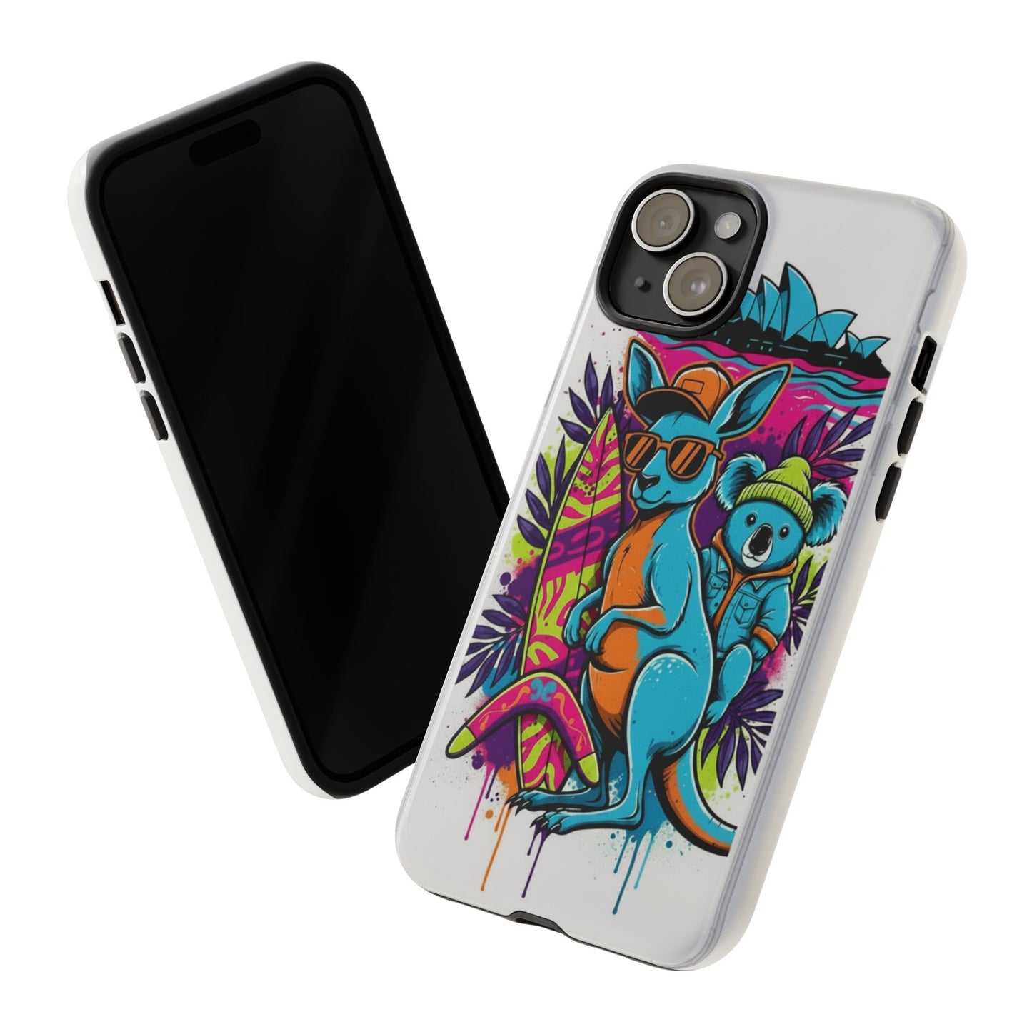 Kangaroo & Koala Surf Phone Case — Retro Neon Beach Art Tough Case