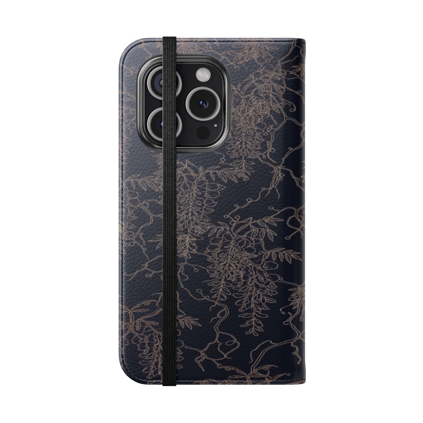 Botanical Noir Flip Phone Case — Dark Floral Wallet Cover with Card Slots