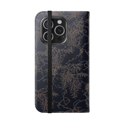 Botanical Noir Flip Phone Case — Dark Floral Wallet Cover with Card Slots
