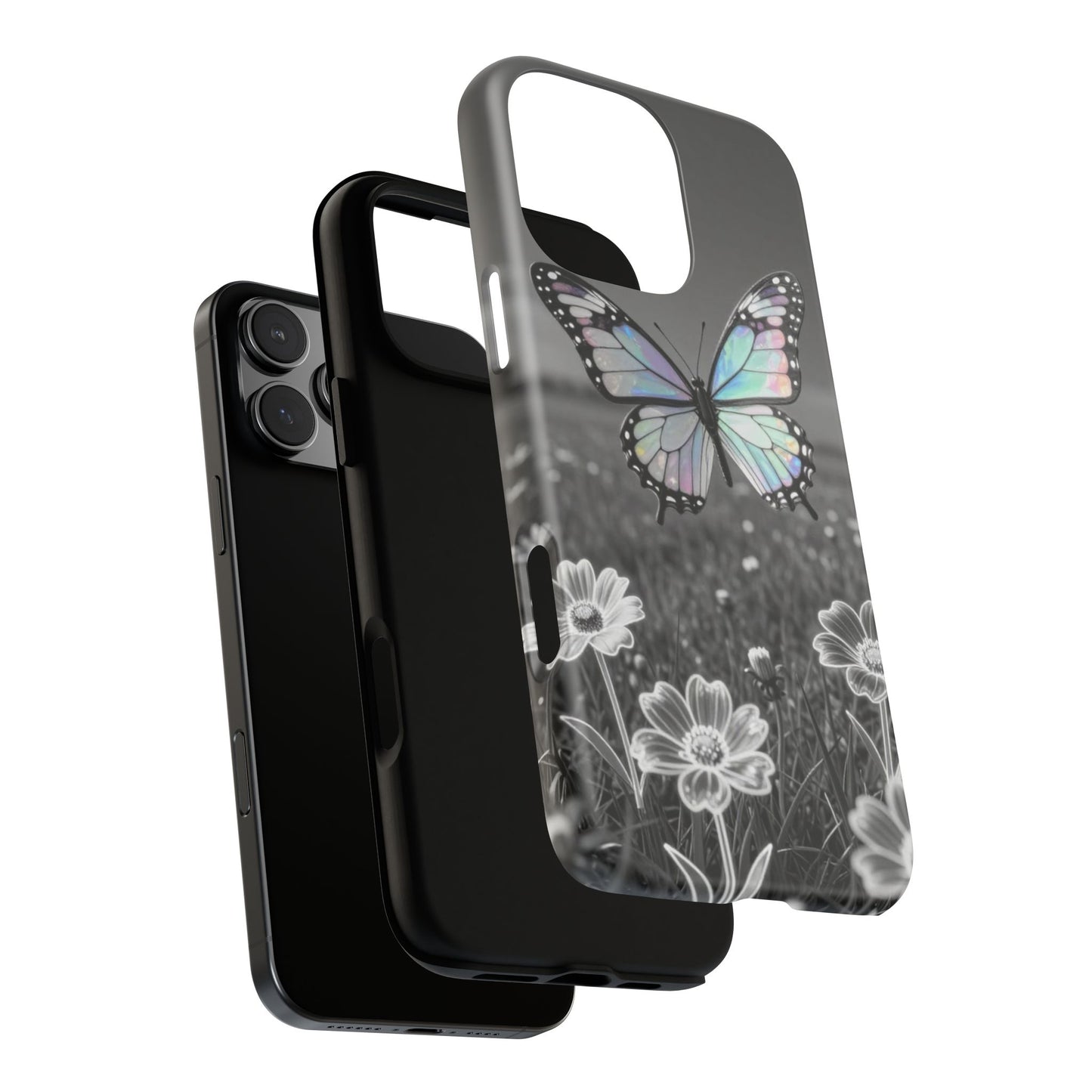 Butterfly Field Tough Phone Case — Pastel Holographic Butterfly on Black & White Floral Background