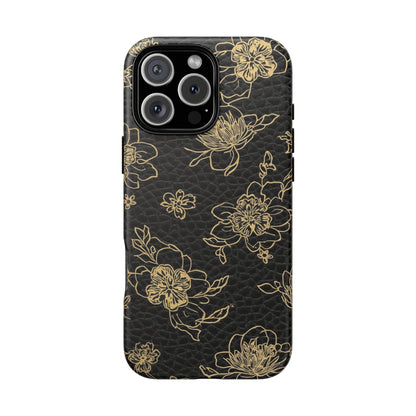 Floral Leather Phone Case — Gold Outline Flowers on Black Tough Case