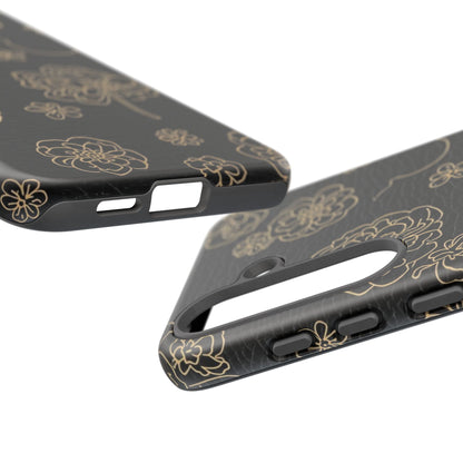 Floral Leather-Texture Tough Case – Black Gold Outline Phone Cover