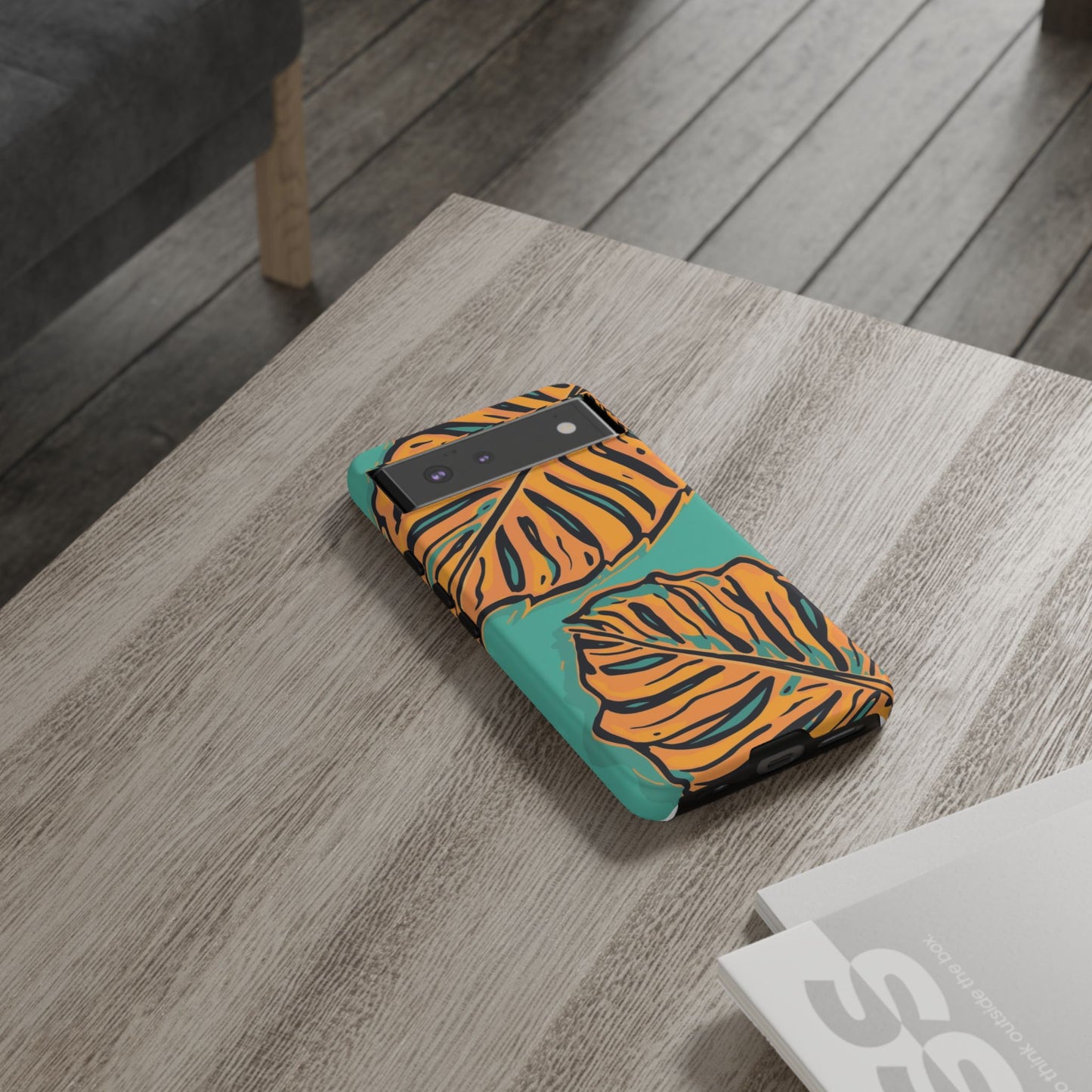 Tropical Leaf Tough Phone Case — Orange Monstera Design on Teal