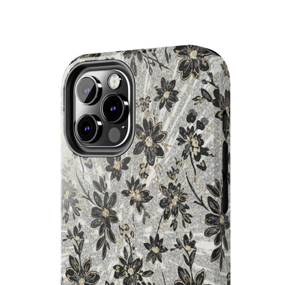 Floral Vintage Tough Phone Case — Black & Gray Rustic Flower Protective Case