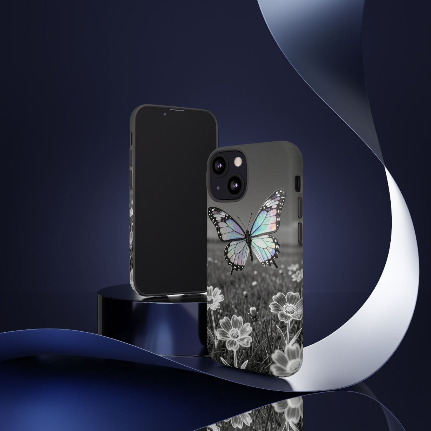 Butterfly Field Tough Phone Case — Pastel Holographic Butterfly on Black & White Floral Background