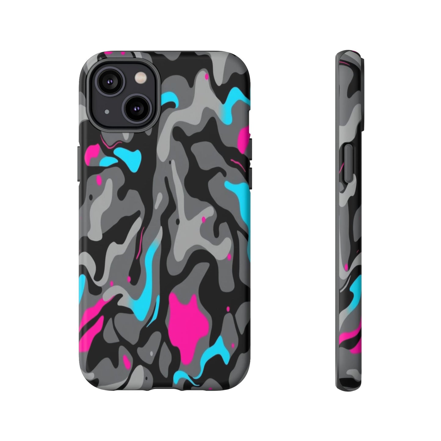 Camouflage Phone Case — Gray Camo with Neon Pink & Cyan Accent Tough Protective Cover