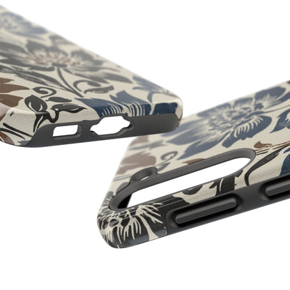 Floral Vintage Tough Phone Case — Blue & Brown Botanical Protection