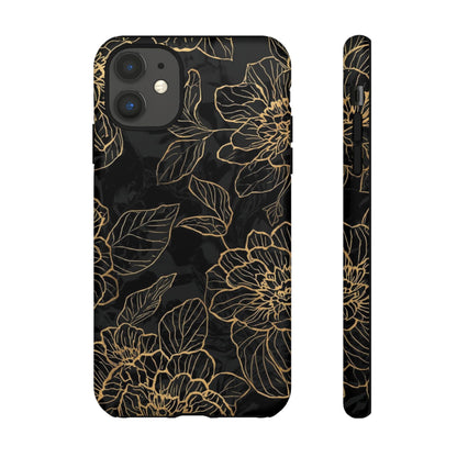 Floral Gold Outline Tough Phone Case – Black Botanical Protective Cover