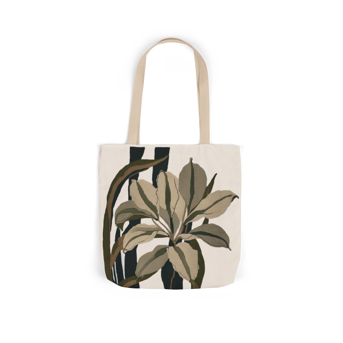 Botanical Stripe Canvas Tote — Neutral Leaf Print Tote Bag