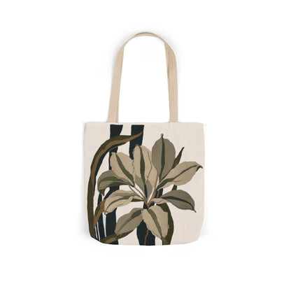 Botanical Stripe Canvas Tote — Neutral Leaf Print Tote Bag