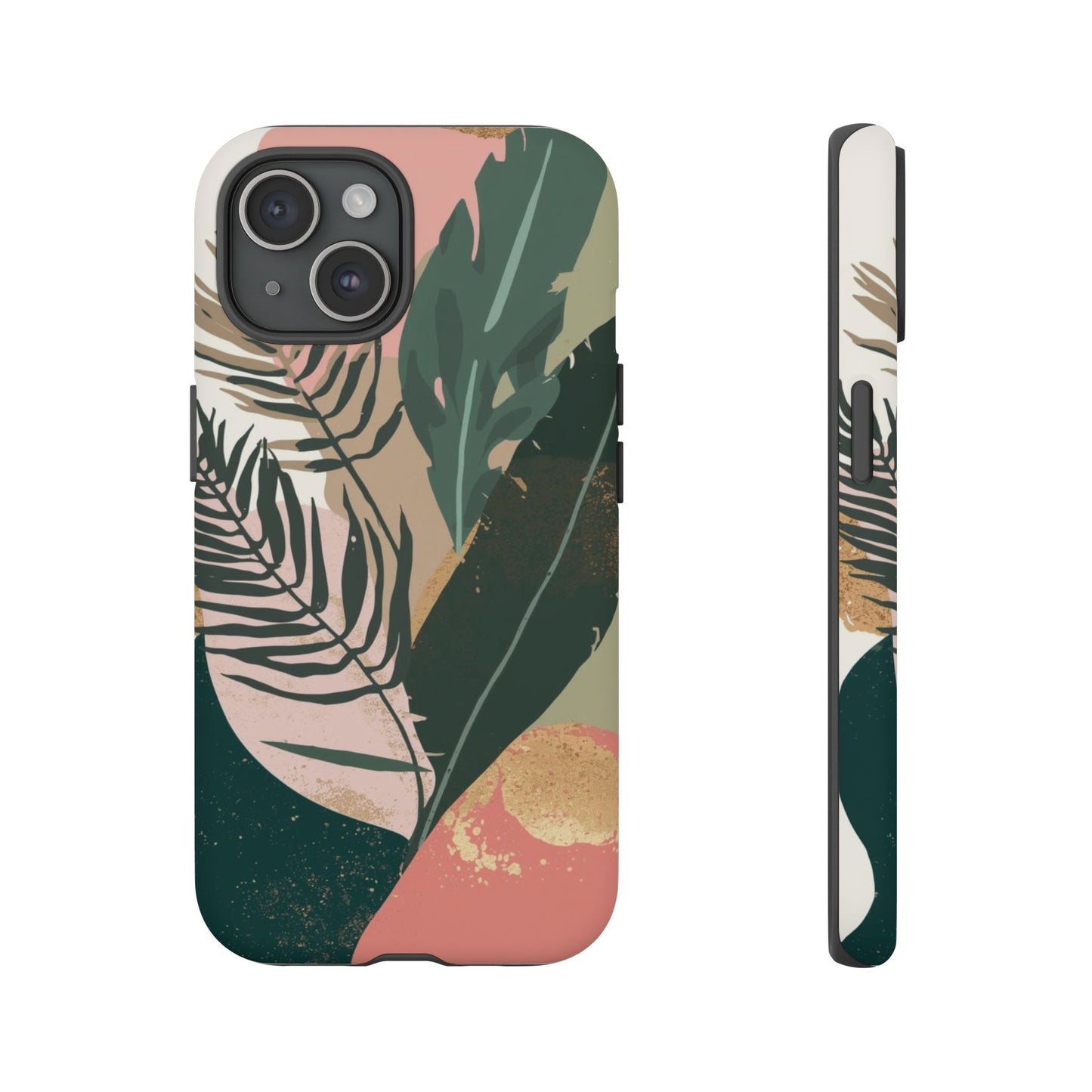 Tropical Leaf Tough Phone Case — Abstract Pink & Green Botanical Protective Cover
