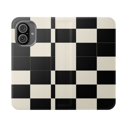 Checkered Flip Phone Case – Black & Cream Retro Grid Wallet Case
