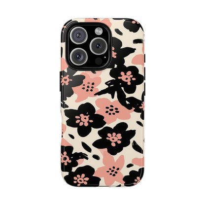 Floral Phone Case — Pink & Black Retro Blossom Protective Cover