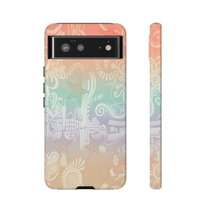 Tough Cases: Pastel Beach Pattern Phone Case — Starfish & Coastal Cityscape Protective Cover