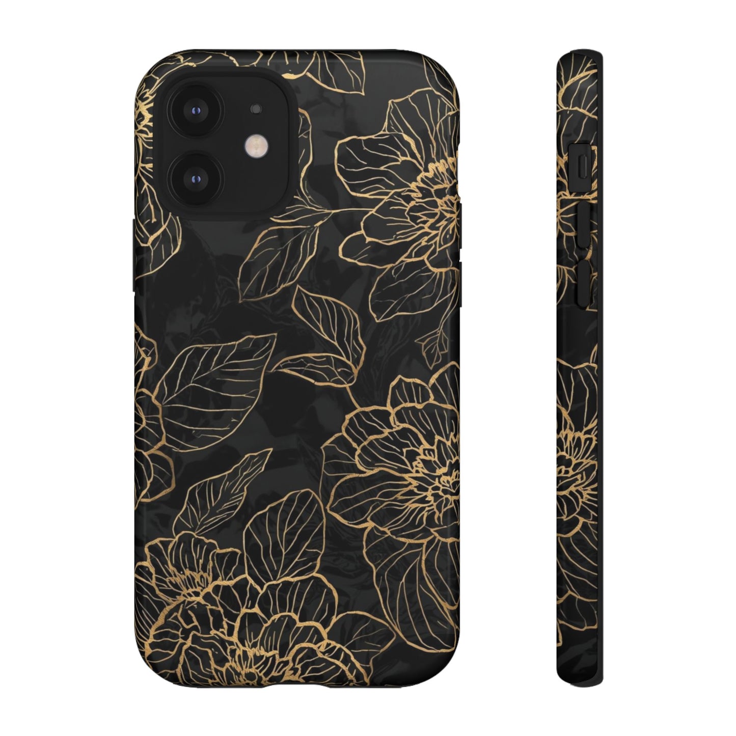 Floral Gold Outline Tough Phone Case – Black Botanical Protective Cover