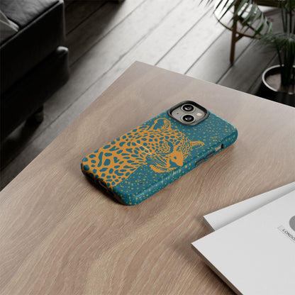 Leopard Print Tough Phone Case — Gold Panther on Teal, Protective iPhone Cover