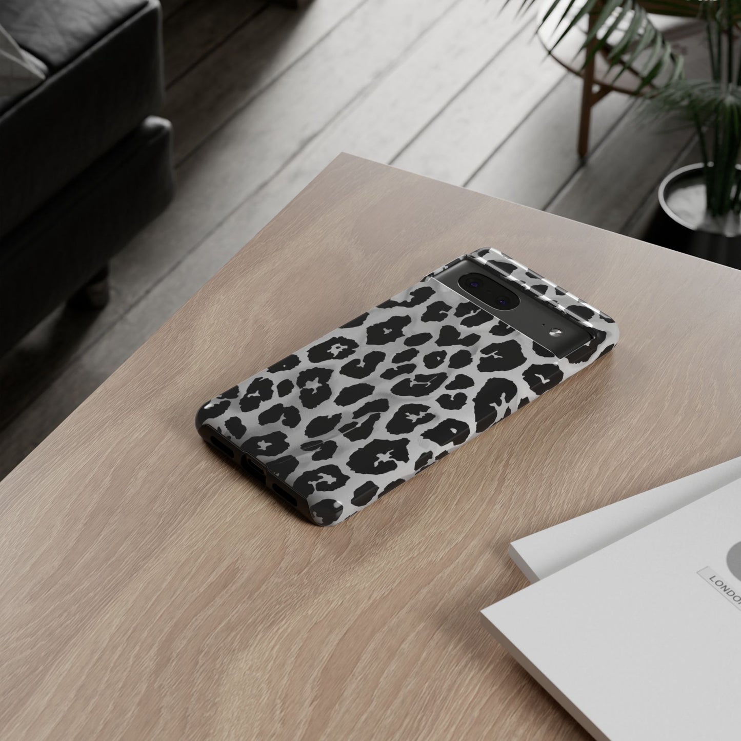 Leopard Print Tough Phone Case – Black & White Animal Pattern Protective Cover