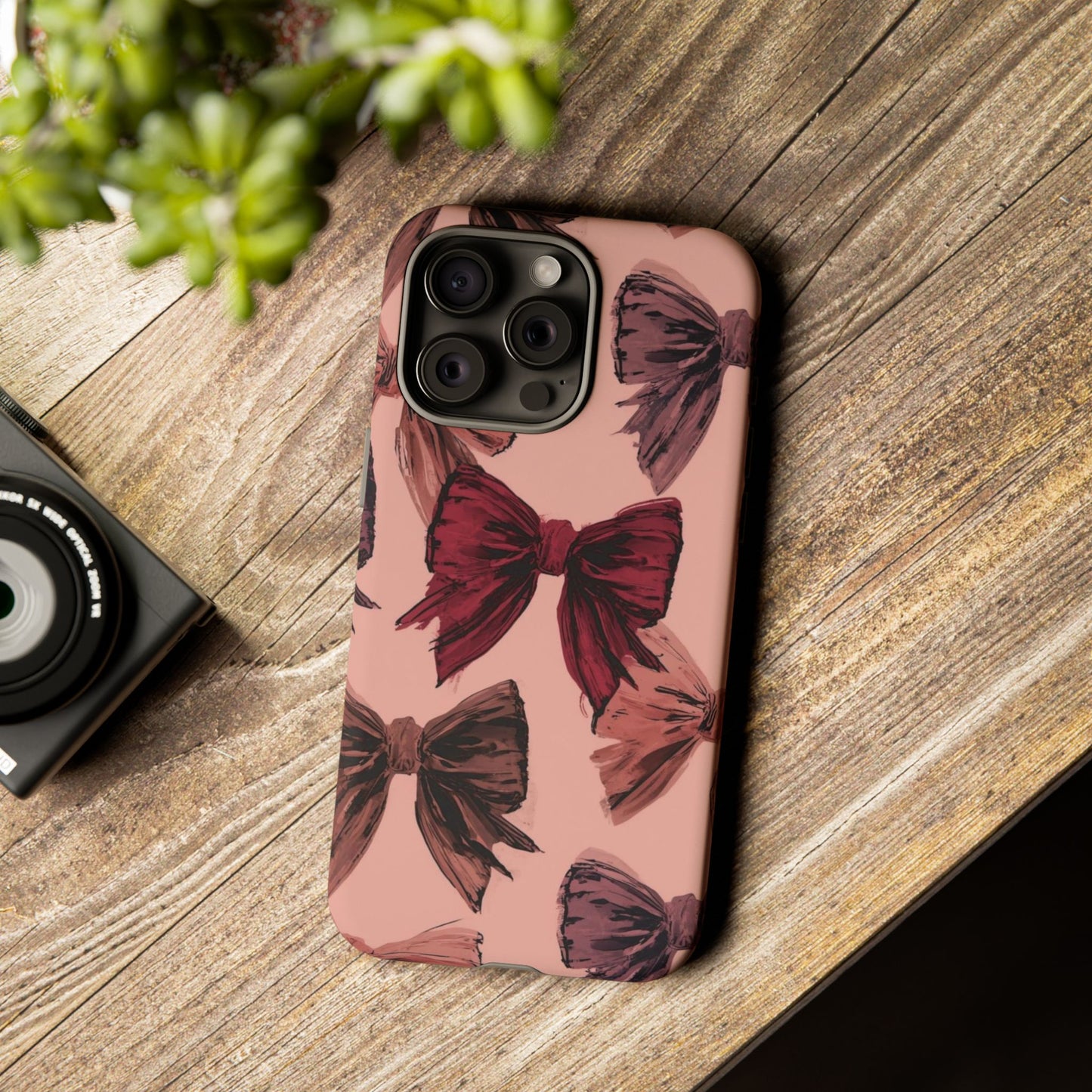 Bow Pattern Tough Phone Case — Pink Watercolor Bows Protective iPhone Cover