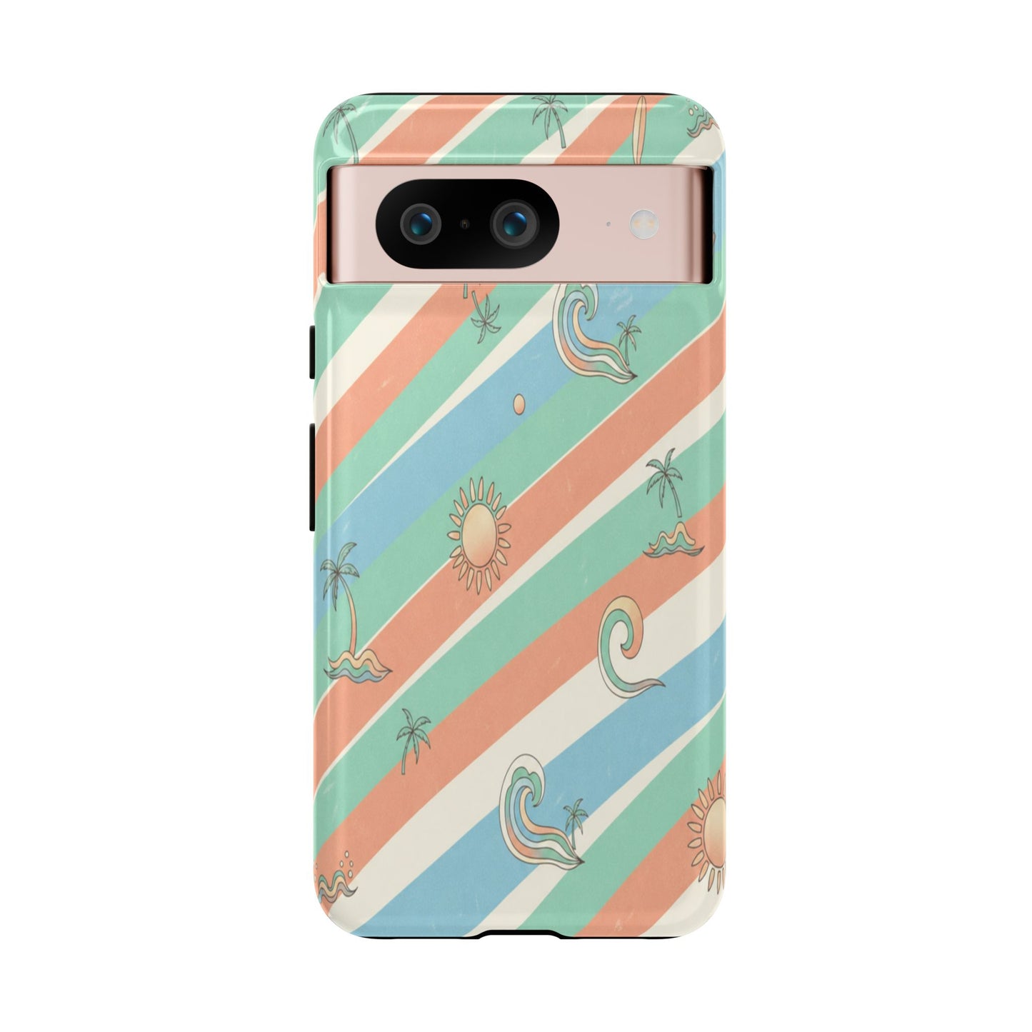 Retro Beach Stripes Phone Case — Sun, Waves & Palm Pattern Tough Case