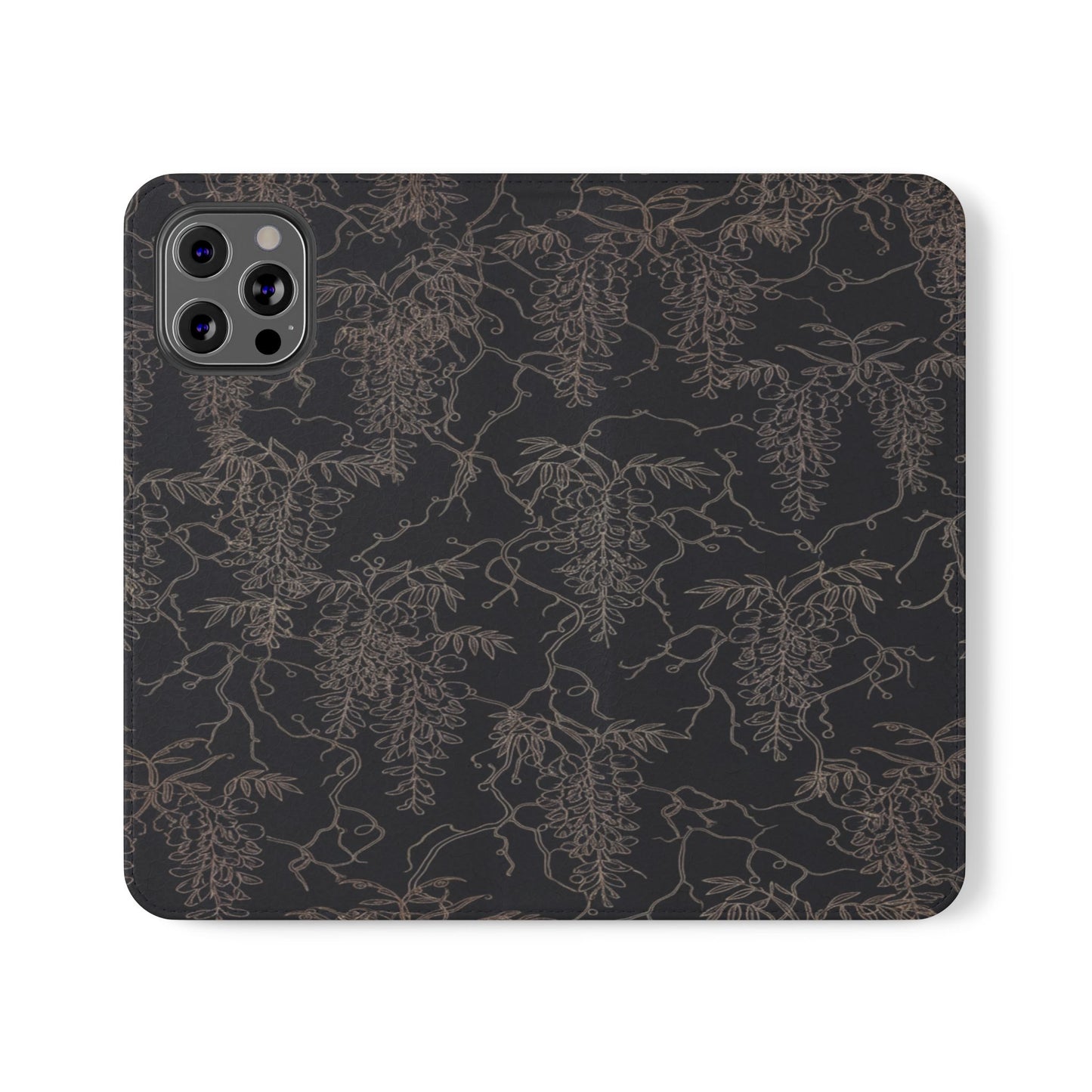 Botanical Noir Flip Phone Case — Dark Floral Wallet Cover with Card Slots