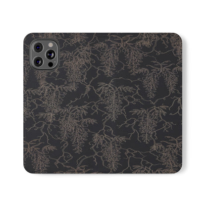 Botanical Noir Flip Phone Case — Dark Floral Wallet Cover with Card Slots