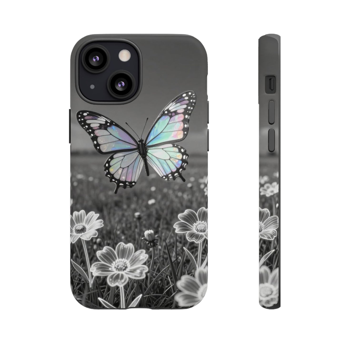 Butterfly Field Tough Phone Case — Pastel Holographic Butterfly on Black & White Floral Background