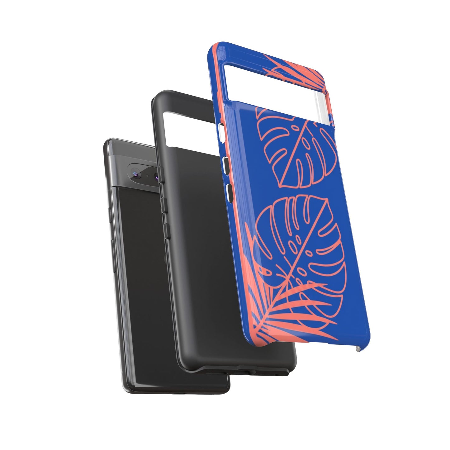 Tropical Monstera Phone Case — Blue & Coral Leaf Protective Cover