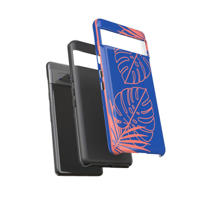 Tropical Monstera Phone Case — Blue & Coral Leaf Protective Cover