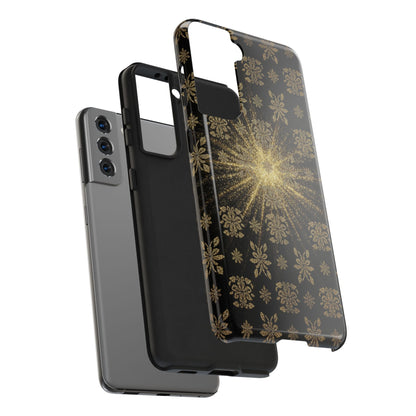 Glitter Burst Tough Phone Case — Black & Gold Floral Protective Cover