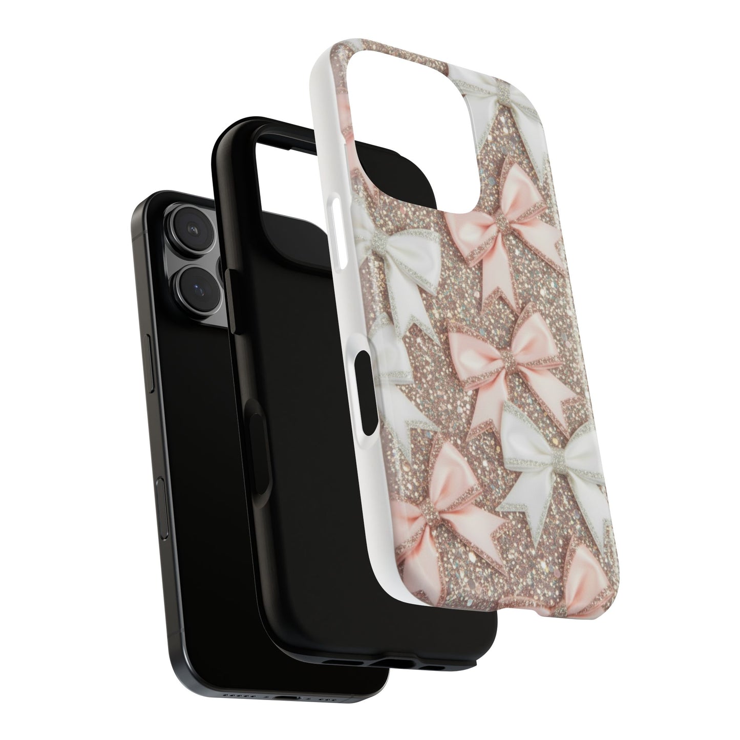 Glitter Bow Tough Phone Case — Pink & White Ribbon Protective Cover