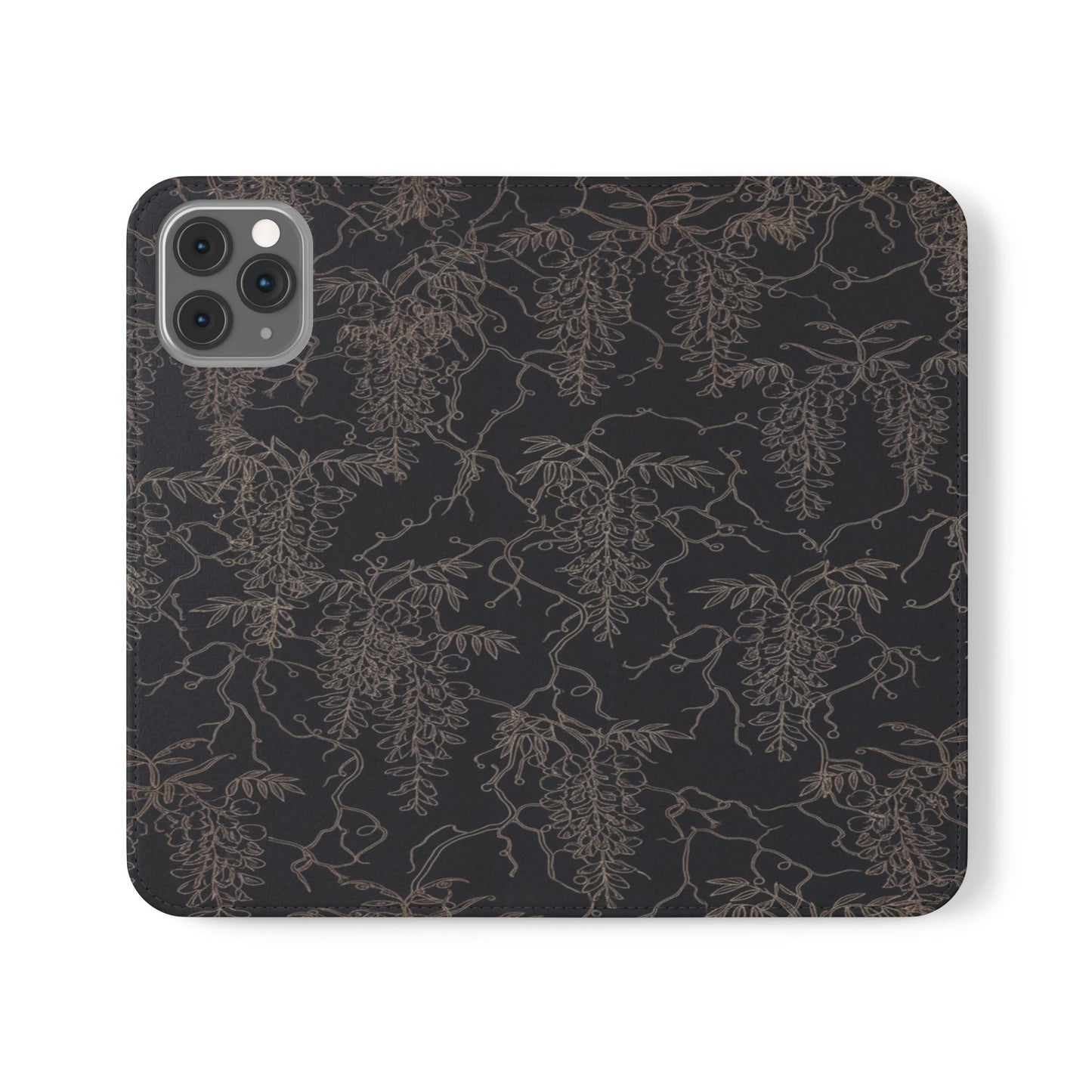 Botanical Noir Flip Phone Case — Dark Floral Wallet Cover with Card Slots