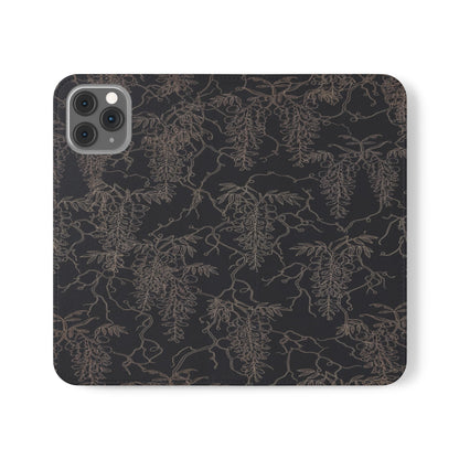 Botanical Noir Flip Phone Case — Dark Floral Wallet Cover with Card Slots