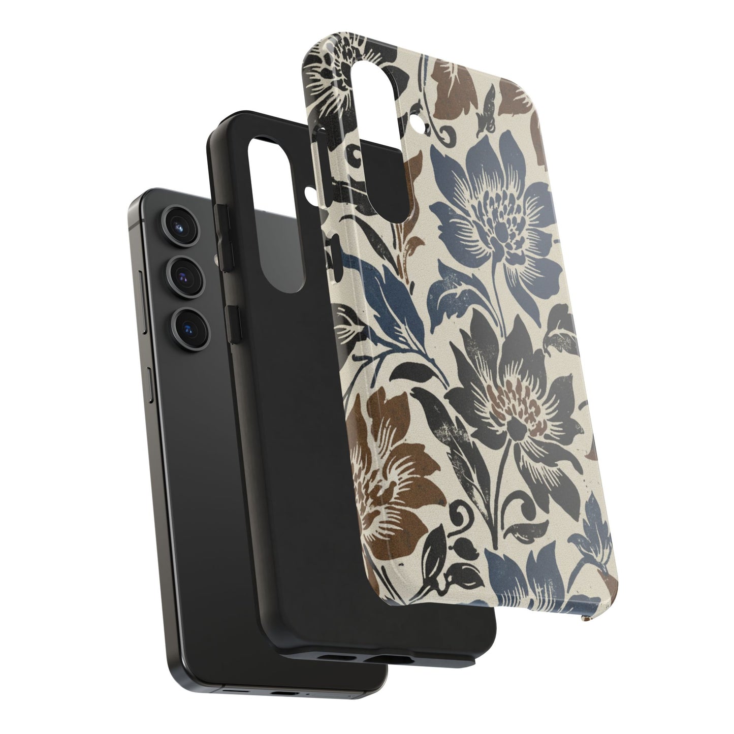 Floral Vintage Tough Phone Case — Blue & Brown Botanical Protection