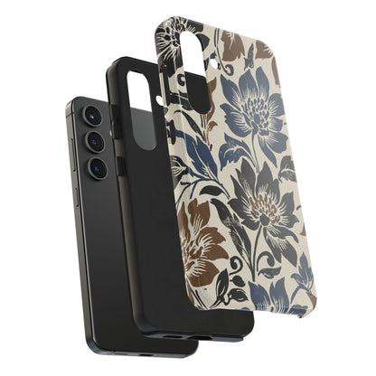 Floral Vintage Tough Phone Case — Blue & Brown Botanical Protection