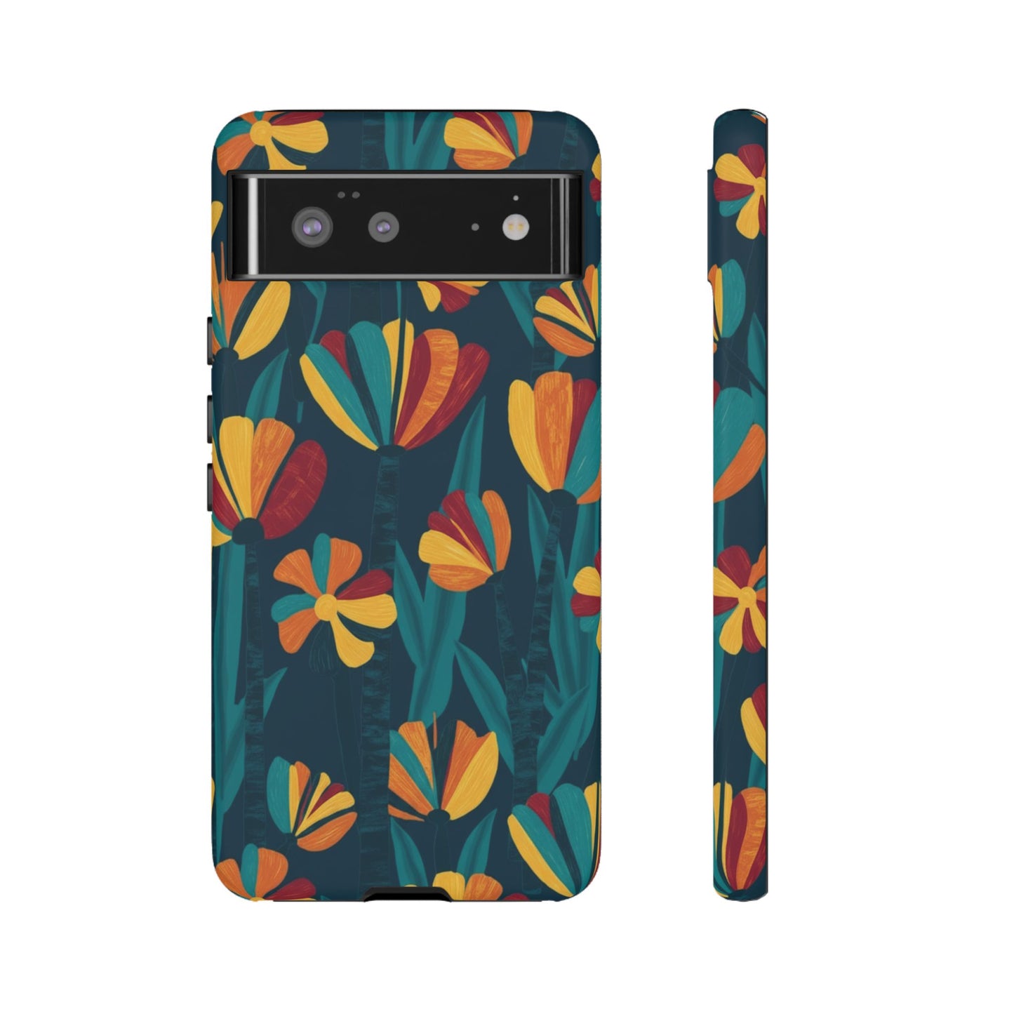 Floral Retro Teal Tough Phone Case — Vibrant Orange & Mustard Blooms