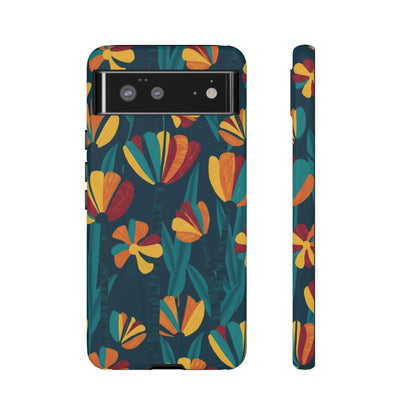Floral Retro Teal Tough Phone Case — Vibrant Orange & Mustard Blooms