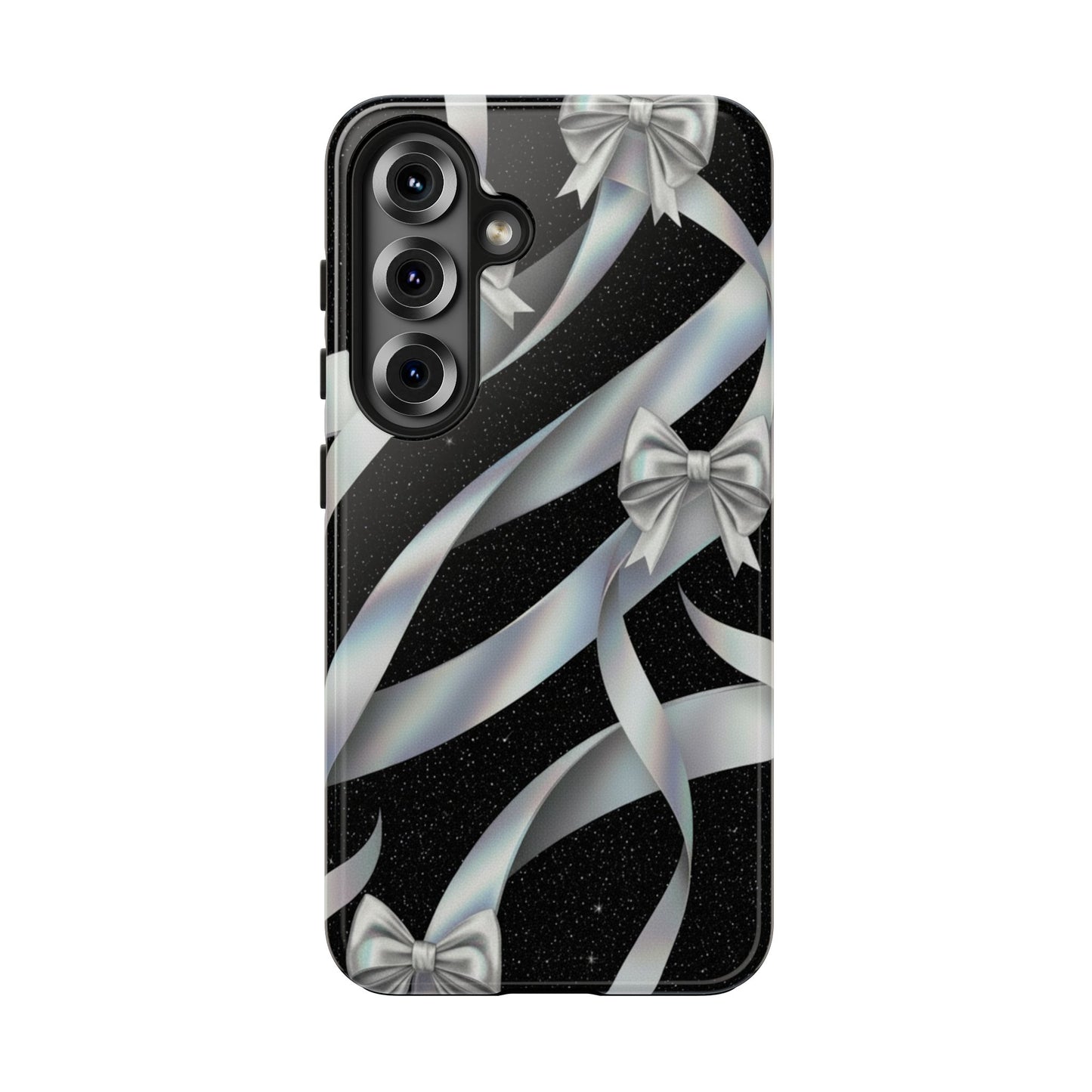 Silver Ribbon Bow Tough Phone Case — Glitter Black Protective Phone Case