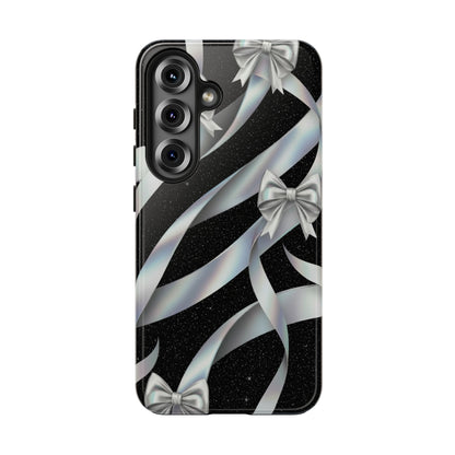 Silver Ribbon Bow Tough Phone Case — Glitter Black Protective Phone Case